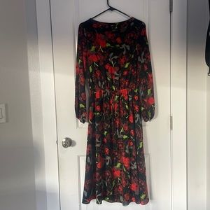 Red & Black Mossimo Floral Midi Cuff-Sleeve Dress